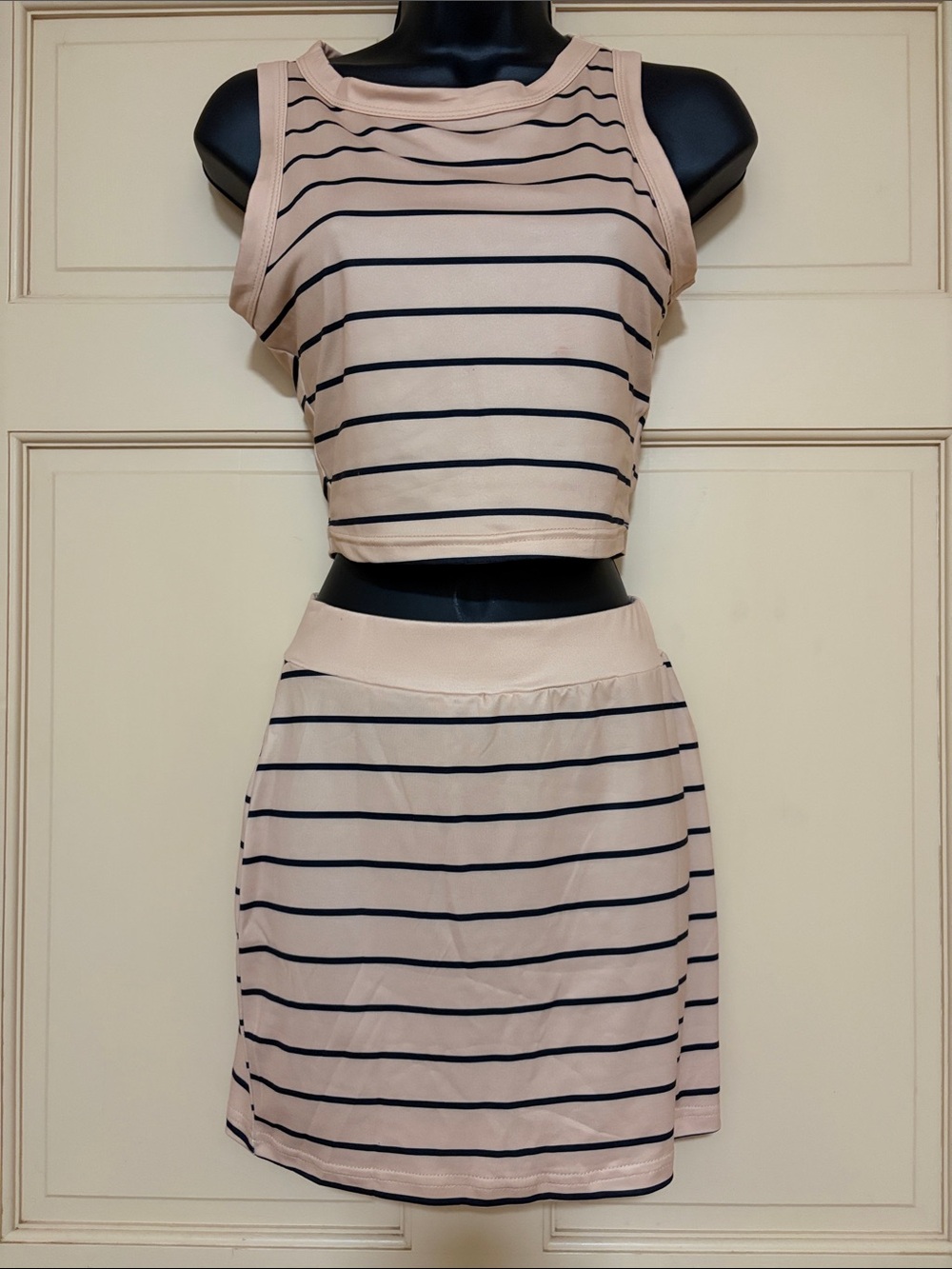 Women’s Striped Beige and Black Cotton Blend Skirt - Set XS TWO PIECES